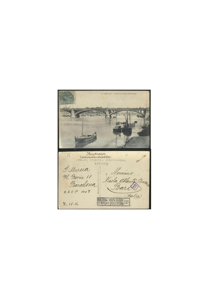SEVILLA puente de Isabel II (Triana) viaggiata 1916 postcard tarjeta postal