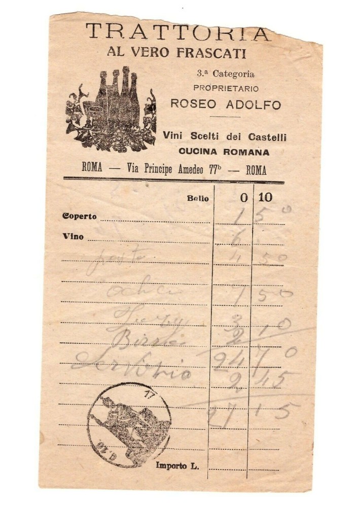 Trattoria Al Vero Frascati Roma ricevuta primi'900 Originale Antica