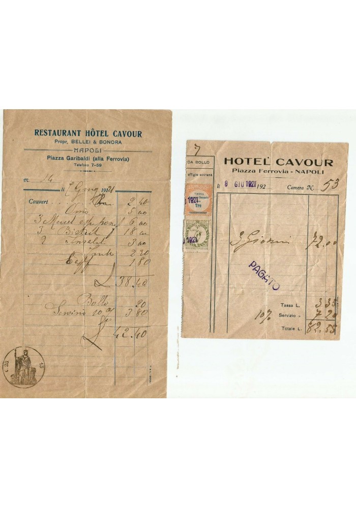 2 RICEVUTE del 1921 HOTEL CAVOUR Napoli Piazza Garibaldi alla ferrovia