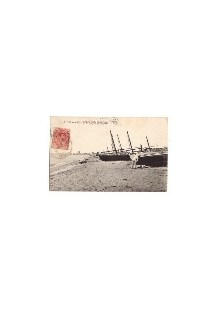 Badalona en la playa tarjeta postal cartolina viaggiata 1916 Vintage Postcard