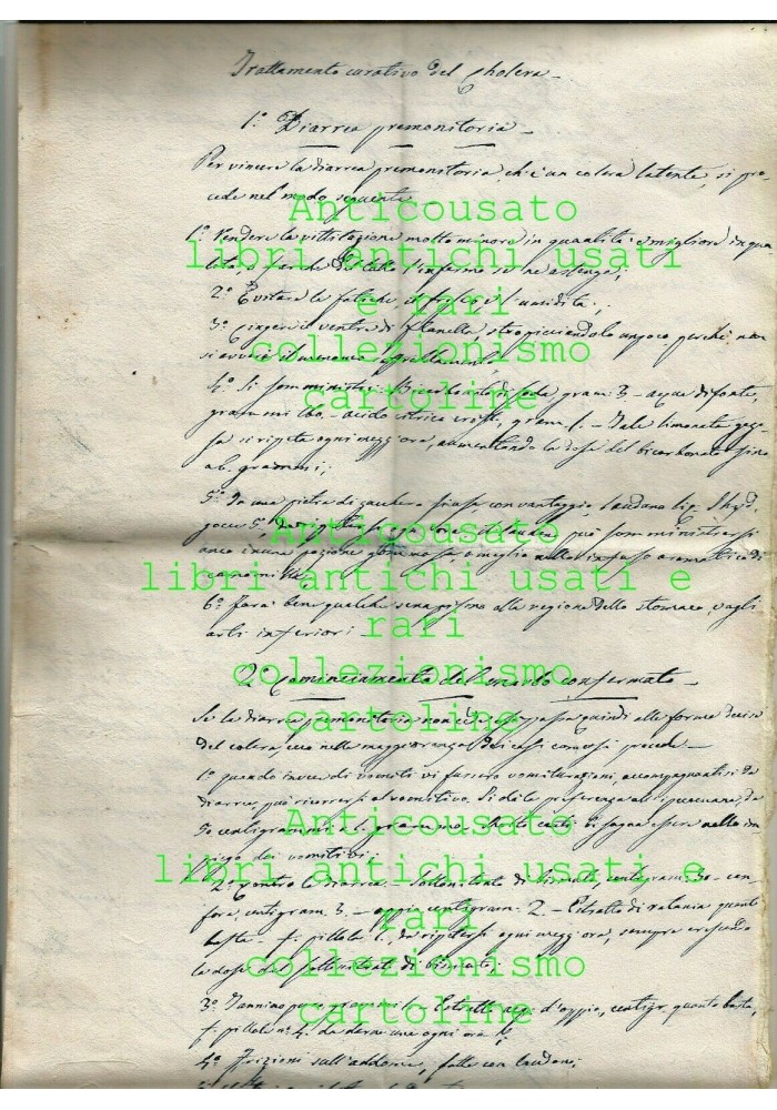 TRATTAMENTO CURATIVO DEL COLERA manoscritto del 1867 cholera ANTICO ORIGINALE