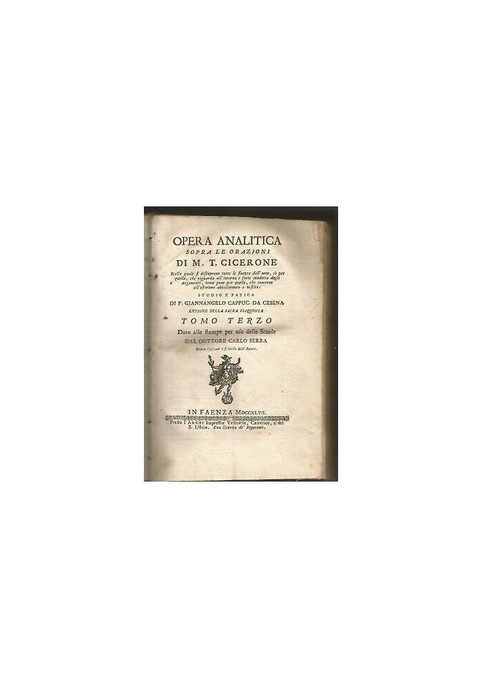 Opera Analitica Sopra Le Orazioni Di M T Cicerone Volume 3 1747 Faenza