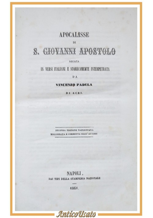 APOCALISSE DI SAN GIOVANNI APOSTOLO di Vincenzo Padula 1861 Libro antico