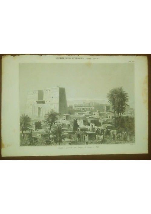 ARCHITETTURA RELIGIOSA TEMPIO AROERI A EDFU' TAVOLA  INCISIONE STAMPA RAME 1866 