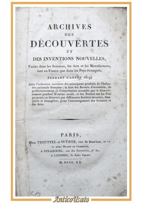 ARCHIVES DES DECOUVERTES ET DES INVENTIONS NOUVELLES 1820 Treuttel Würtz Libro