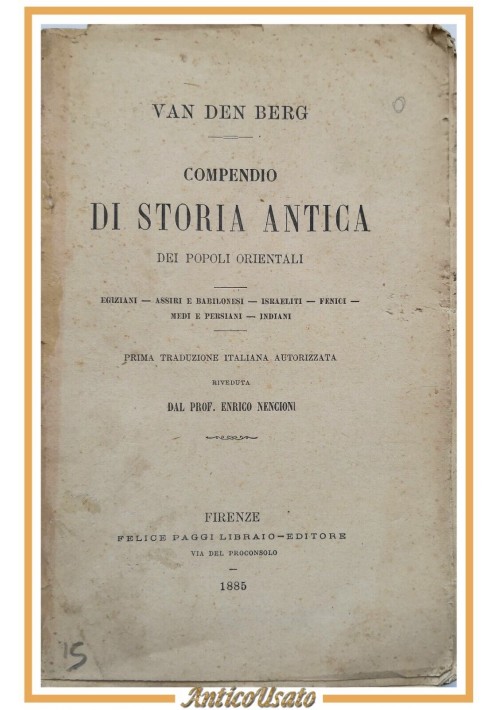 COMPENDIO DI STORIA ANTICA DEI POPOLI ORIENTALI di Van Den Berg 1885 Paggi Libro