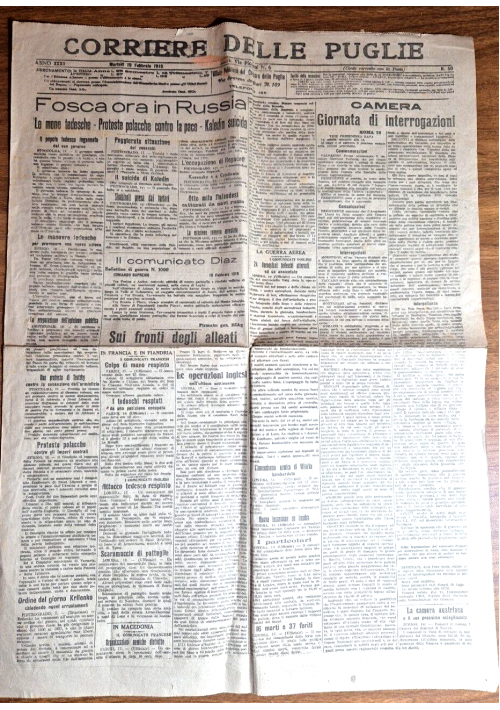 CORRIERE DELLE PUGLIE 19 FEBBRAIO 1918 Giornale Vintage Gazzetta del Mezzogiorno