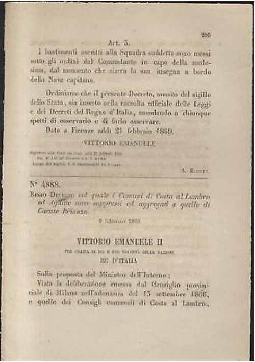 COSTA AL LAMBRO AGLIATE soppressi Regio Decreto 1869 CARATE Brianza Antico epoca