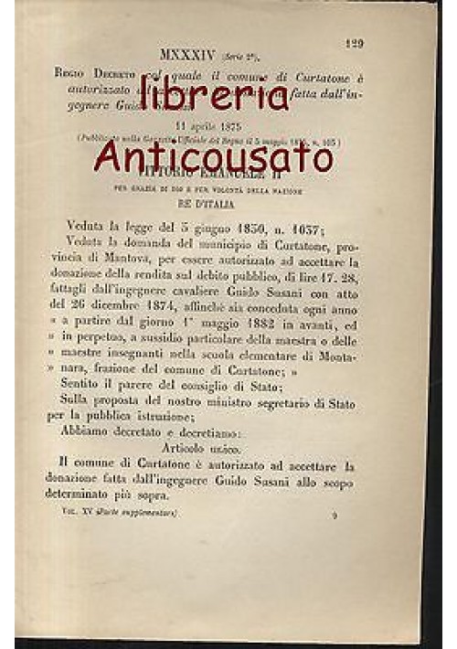 CURTATONE MONTANARA - REGIO DECRETO - 1875 - ACCETTA DONAZIONE GUIDO SUSANI