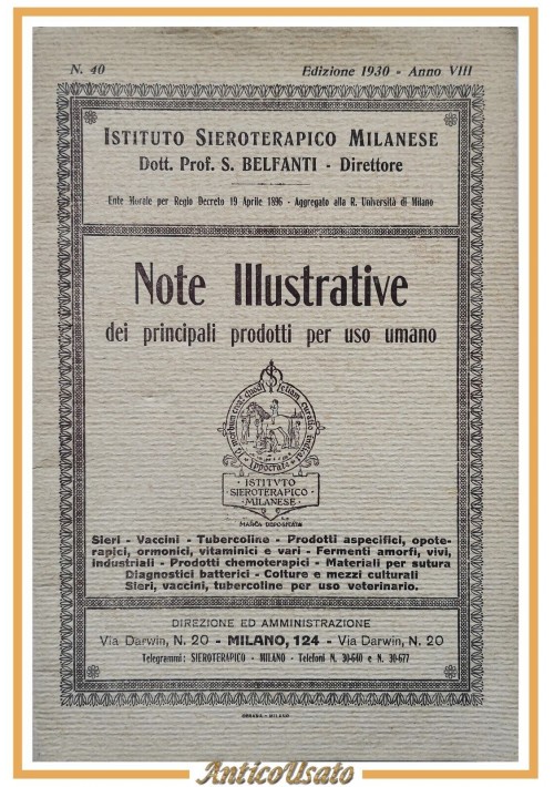 Catalogo 1930 istituto sieroterapico NOTE ILLUSTRATIVE PRINCIPALI PRODOTTI umano