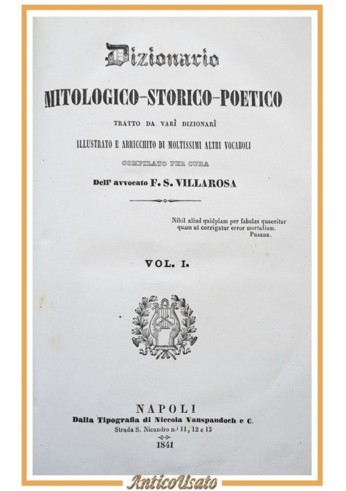 DIZIONARIO MITOLOGICO STORICO POETICO di Villarosa 2 volumi 1841 Libro antico