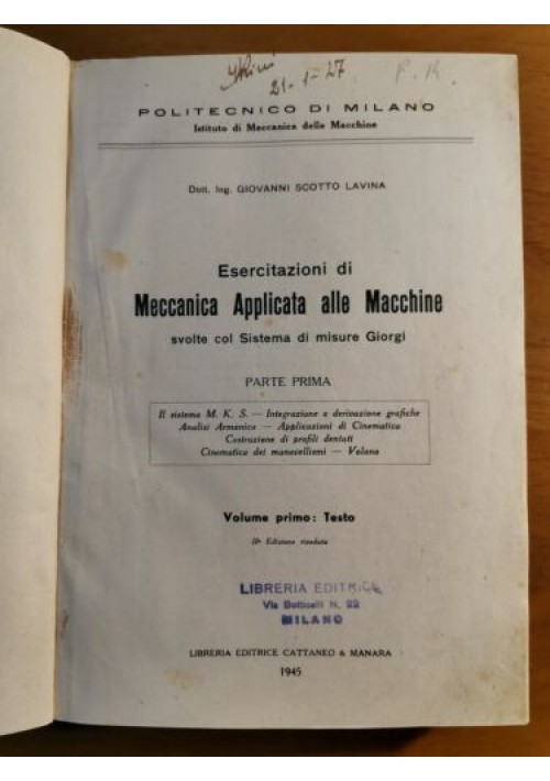 ESERCITAZIONI DI MECCANICA APPLICATA ALLE MACCHINE testo e tavole Scotto Lavina