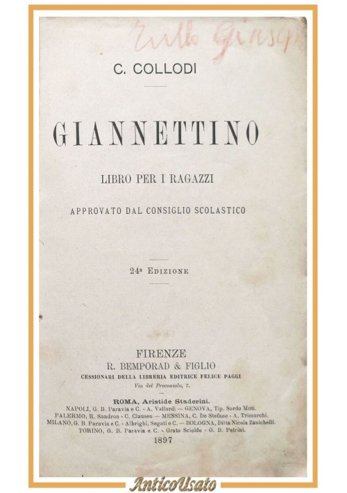 GIANNETTINO di Carlo Collodi 1897 Bemporad libro per ragazzi scolastico antico