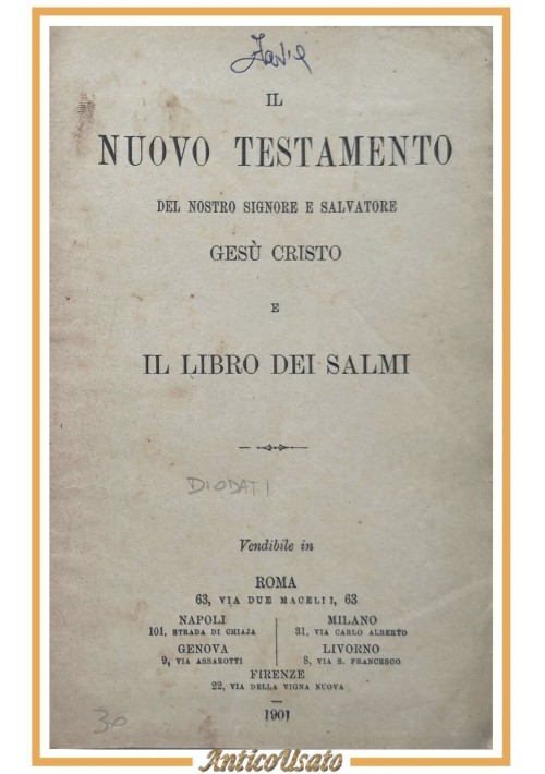 IL NUOVO TESTAMENTO DEL NOSTRO SIGNORE GESÙ CRISTO LIBRO DEI SALMI 1901 Diodati