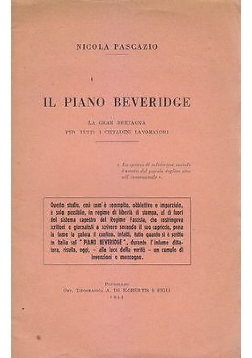 IL PIANO BEVERIDGE GRAN BRETAGNA di Nicola Pascazio Autografo 1944 Putignano