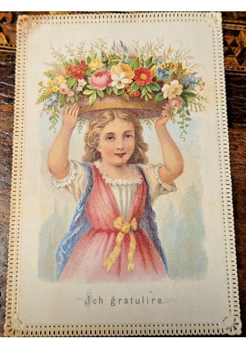 JCH GRATULIRE greetings card biglietto di auguri 1900 Antico merlettato cromolit