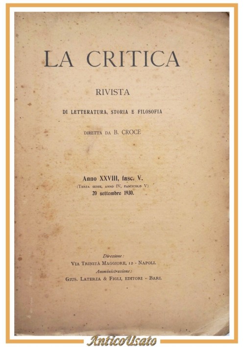 LA CRITICA rivista di Benedetto Croce settembre 1930 Laterza letteratura storia