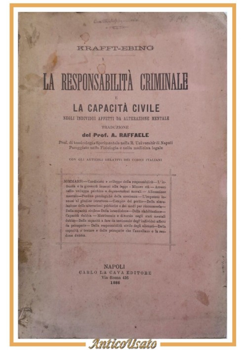 LA RESPONSABILITÀ CRIMINALE E LA CAPACITÀ CIVILE di Krafft Ebing 1886 Libro