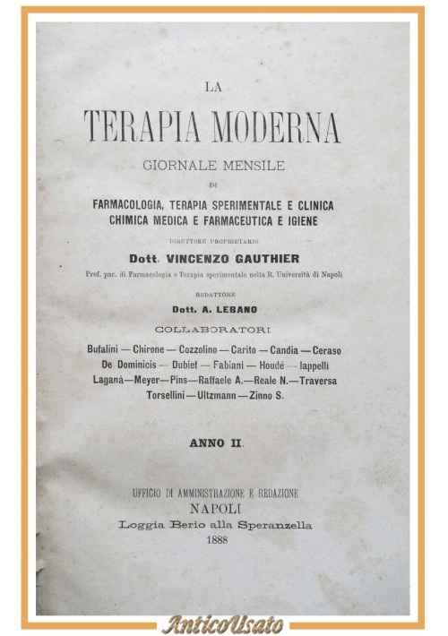 LA TERAPIA MODERNA giornale mensile Anno 2 di Vincenzo Gauthier 1888 Libro antic