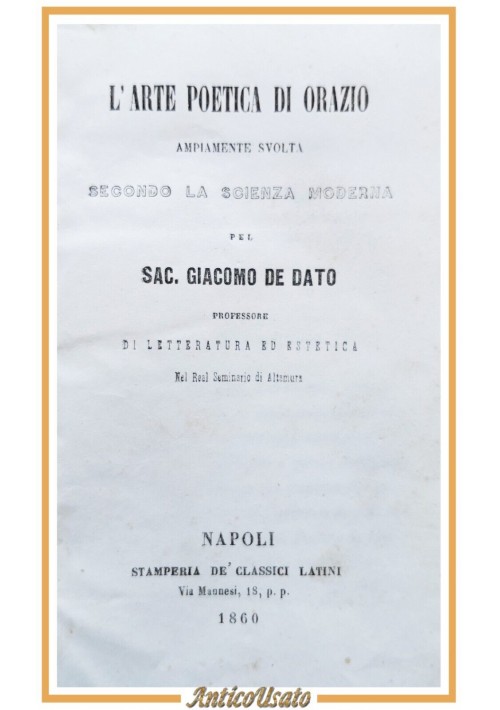 L'ARTE POETICA DI ORAZIO De Dato 1860 + L'OSSERVATORE Gasparo Gozzi 1851 Libro