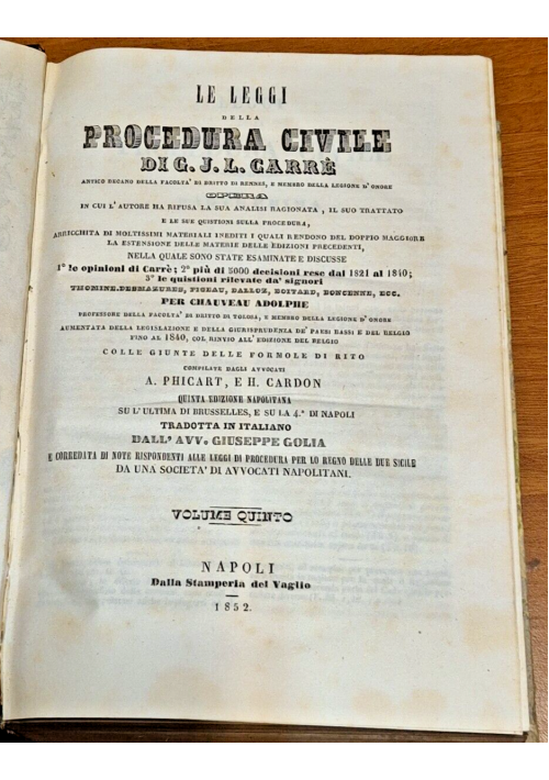 LE LEGGI DELLA PROCEDURA CIVILE volume 5 e 6 di Carrè 1850 Libro antico diritto