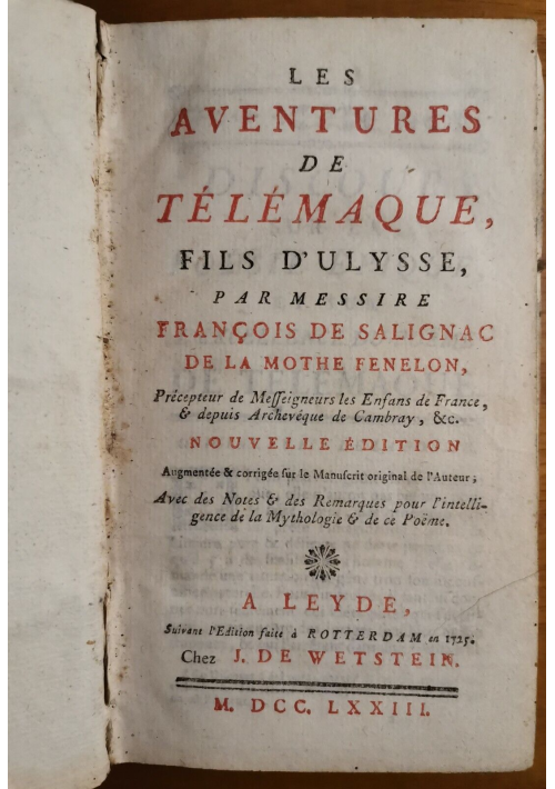 LES AVENTURES DE TELEMAQUE FILS D'ULYSSE Fenelon Francois De Salignac 1773 Libro