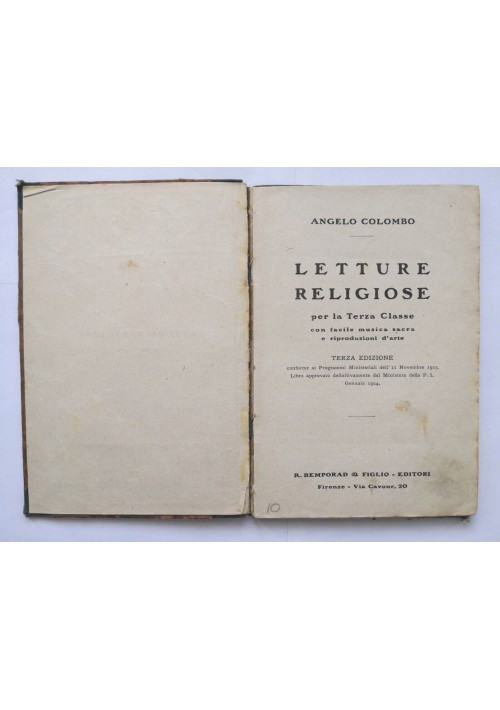 LETTURE RELIGIOSE per III Classe di Angelo Colombo 1924 Bemporad libro scolastic