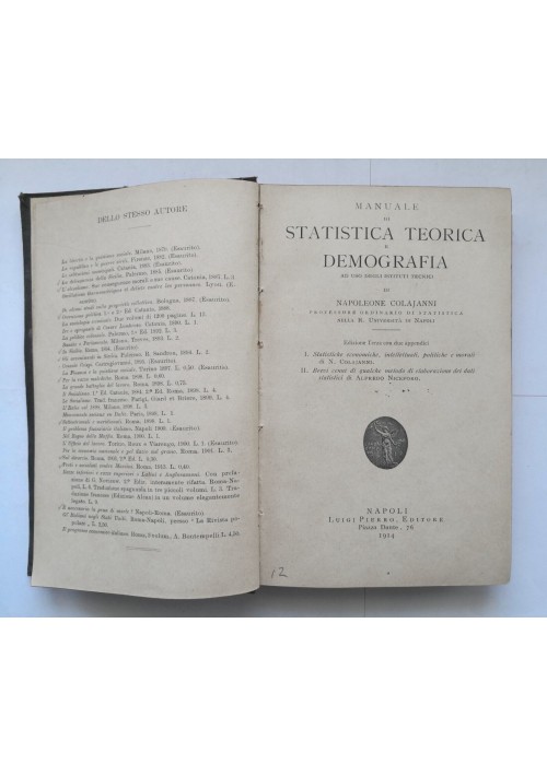 MANUALE DI STATISTICA TEORICA E DEMOGRAFIA di Napoleone Colajanni 1914 Libro