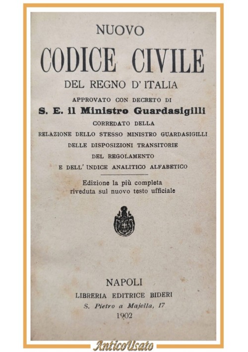 NUOVO CODICE CIVILE DEL REGNO D'ITALIA 1902 Bideri Libro disposizioni transitori