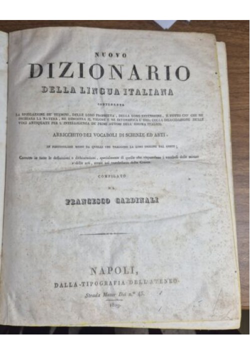 NUOVO DIZIONARIO DELLA LINGUA ITALIANA di Cardinali 1829 Libro Vocabolario antic