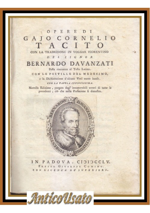 OPERE DI CORNELIO TACITO con traduzione Bernardo Davanzati 1755 2 volumi libro