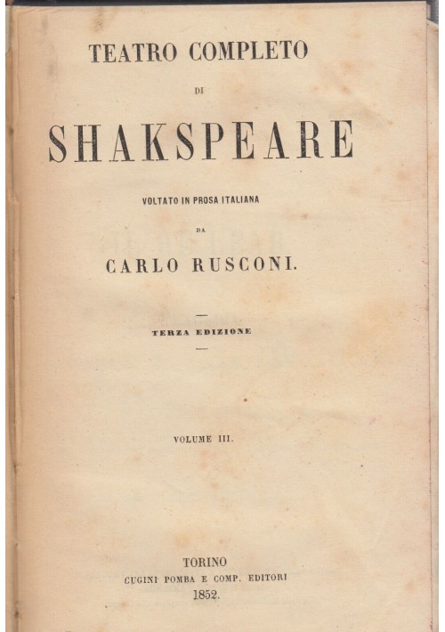 RE LEAR IL MERCANTE DI VENEZIA SOGNO DI UNA NOTTE Shakespeare 1852 Libro Antico