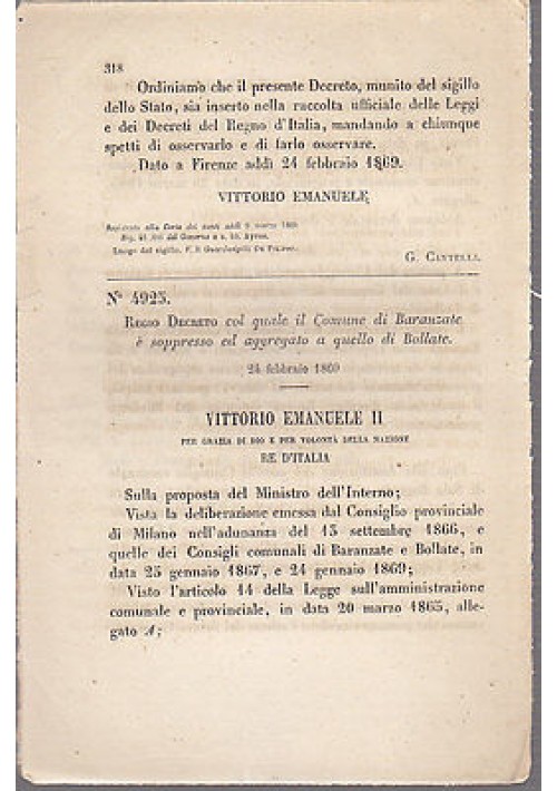 REGIO DECRETO BARANZATE OLONA SOPPRESSO AGGREGATO BOLLATE 1869 antico originale