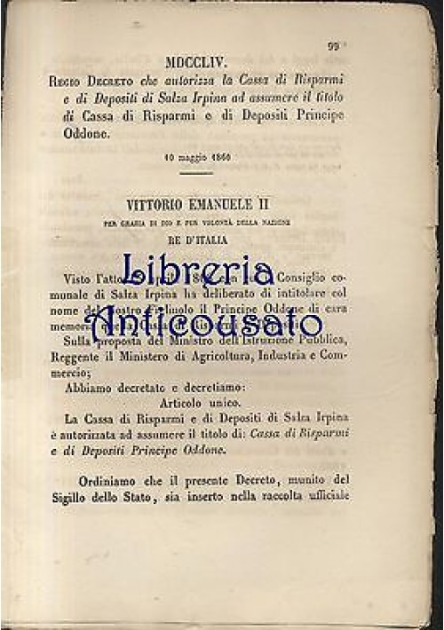 REGIO DECRETO CASSA RISPARMI DEPOSITI SALZA IRPINA 1866 PRINCIPE ODDONE