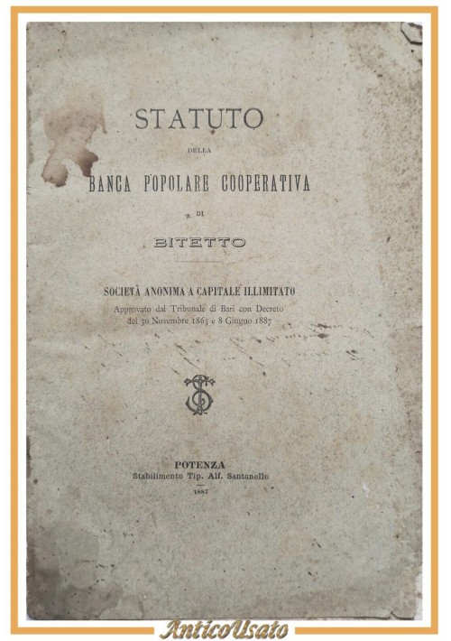 STATUTO DELLA BANCA POPOLARE COOPERATIVA DI BITETTO 1887 Santanello Libro antico