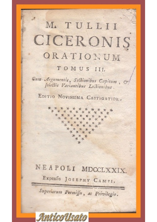 TULLII CICERONIS ORATIONUM 3 volumi Campi 1779 Libro Antico Orazioni di Cicerone