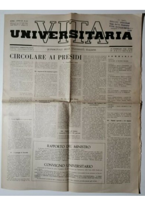 VITA UNIVERSITARIA Quindicinale Università Italiane 29 02 1940 giornale fascismo